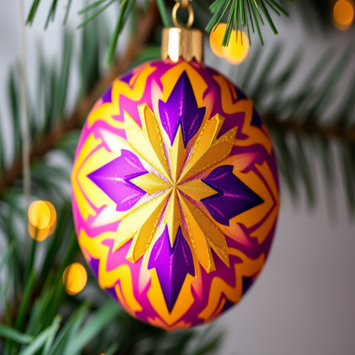 Generate a high-resolution image of a colorful Christmas ornament featuring a purple and yellow star pattern, using a DSLR camera with a 50mm lens, f/2.8 aperture, ISO 100, soft studio lighting, and a slightly angled top-down view to enhance texture and details.