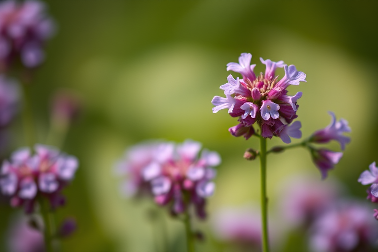 macro shot of blooming purple flowers with soft focus background, f-stop 2.8, ISO 100, shutter speed 1/200s, 50mm lens, natural light, DSLR camera, shallow depth of field