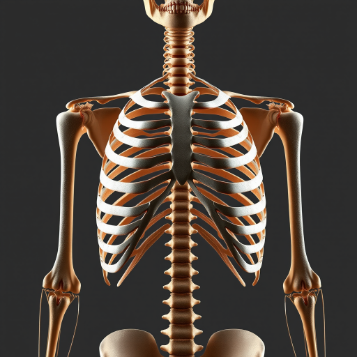 Create a high-resolution illustration of a human ribcage from a frontal view, using a DSLR camera, f-stop of 8, shutter speed of 1/60 sec, ISO 100, with soft lighting to enhance details and contrast.