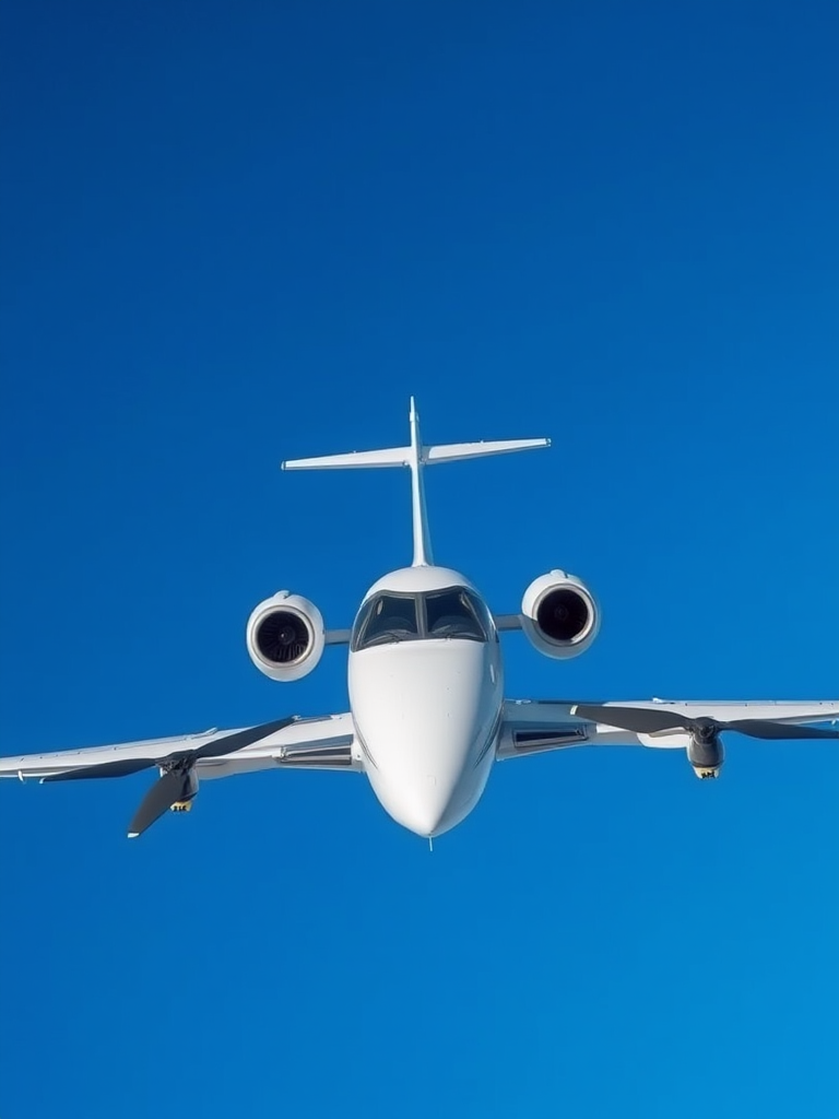 Create a high-resolution image of a private jet flying through a clear blue sky with the camera set to 50mm lens, aperture f/8, shutter speed 1/1000s, using a drone for an aerial view to enhance details and clarity.