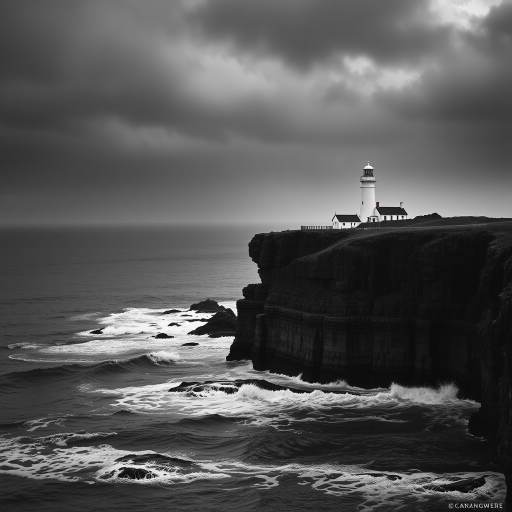 Capture a dramatic coastal scene featuring a lighthouse on a cliff, shot with a Canon EOS R5 at f/8, ISO 100, 24mm focal length, with a wide-angle lens, under soft natural lighting to enhance details and contrast in black and white.