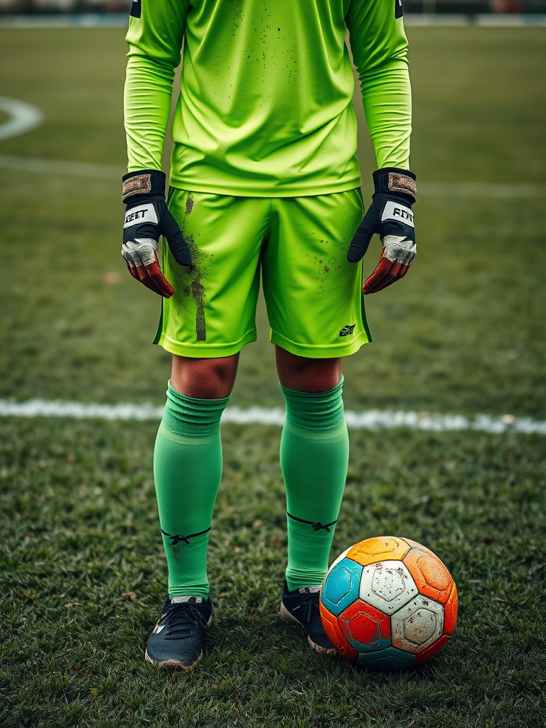 Capture a full-body shot of a soccer goalkeeper in a bright green uniform with mud stains, standing on a grassy field next to a colorful soccer ball, using a DSLR camera with a 50mm lens, aperture set to f/2.8, shutter speed of 1/500s, and ISO 200 for enhanced clarity and detail.