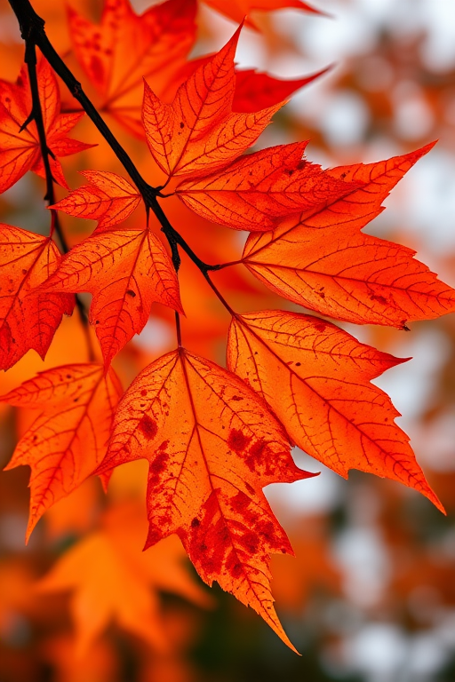 Generate a high-resolution image of an orange and black outlined maple leaf branch with detailed textures, using a DSLR camera with an aperture of f/5.6, ISO 100, and a focal length of 50mm, captured in natural light, top-down view for enhanced clarity and emphasis on the vibrant colors.