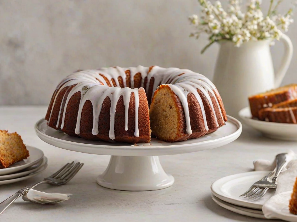 Create an image of a freshly baked bundt cake with a smooth glaze, displayed on a white plate. Include a slice of the cake on a separate small plate with a fork beside it. The background should be simple and neutral to highlight the cake's texture and design.
