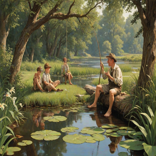 Imagine a small group of old fashioned young boys out fishing by the creek, a swing hanging from a tree branch, reeds and grasses by the water's edge, a frog sitting on a lily pad, dragonflies hovering over som water plans, a very iconic old fashioned scene reminiscent of a Norman Rockwell painting style