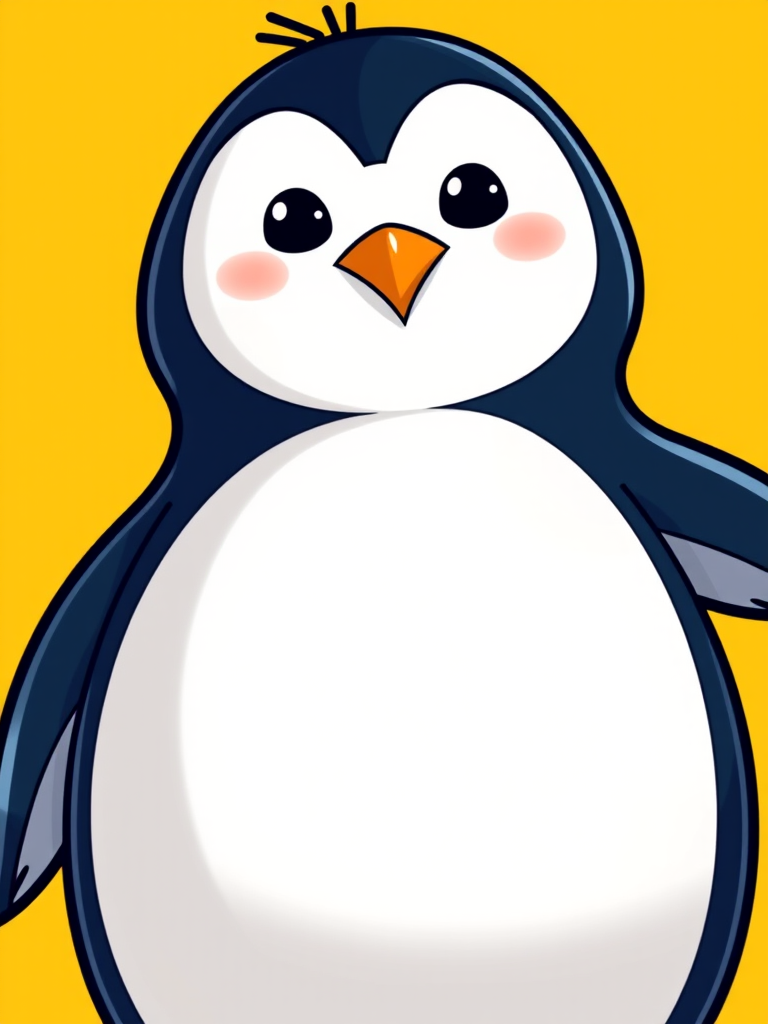 Create a cartoon-style illustration of a penguin with a bright yellow background, using a DSLR camera, 50mm lens, f/2.8 aperture, ISO 100, and natural lighting to enhance color vibrancy and clarity.