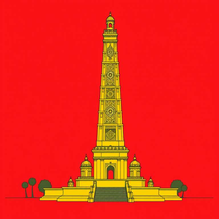 create a digital illustration of a tall yellow monument with intricate designs on a solid red background, using a Canon EOS R5 camera, 50mm lens, f/1.8 aperture, 1/100s shutter speed, and ISO 100 for enhanced clarity and detail.