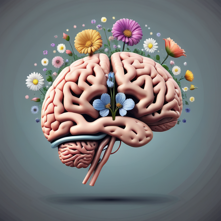 Creative Harmony: A Brain Surrounded by Colorful Blossoms and Vibrant ...