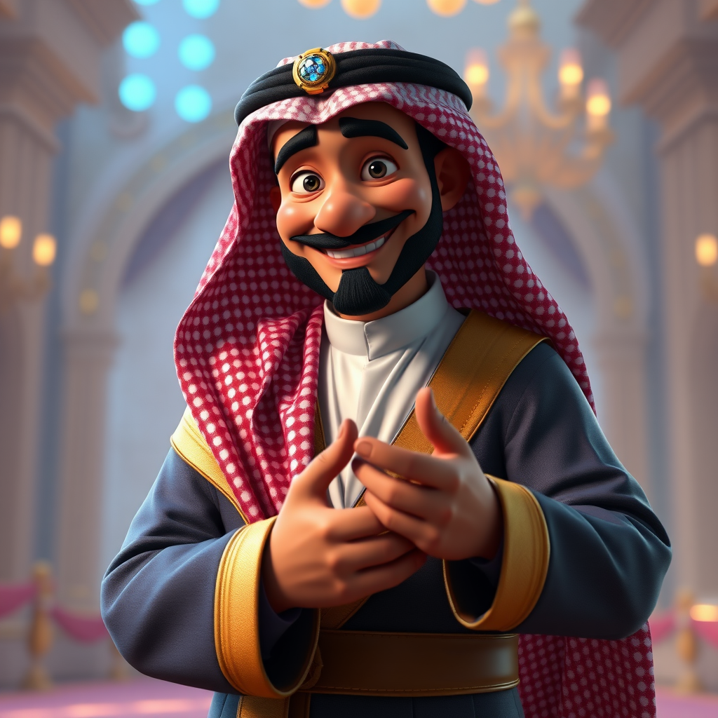 Create a 3D rendering of a wealthy Arab male sheikh from Dubai, inspired by the Disney animation style. The sheikh must have a smile and a playful but wise character. Place your character in an atmosphere of wealth and luxury. The image must be in high resolution format. Dynamic pose above the waist, gesturing with hands (Pixar Art style)++ highly detailed digital painting, art stations, concept art, soft focus, hard focus, illustrations. cinematic, visual effects, HDR, Unreal Engine 5, ray tracing, soft light, 8k, high detail, sparkling backlighting, luxury gem, game art, 3d, cartoon, colorful, magical, mysterious