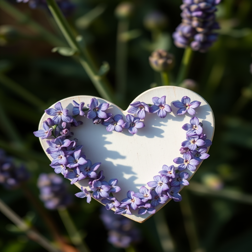 Create a high-resolution image of a heart shape decorated with lavender flowers, using a Canon EOS R5 camera with a 50mm lens, f/2.8 aperture, 1/250 shutter speed, and soft natural lighting, capturing a close-up view to enhance detail and colors.