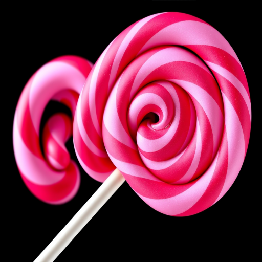 Create a vibrant illustration of a large, spiral lollipop with bright pink and red swirls on a black background, captured in high resolution using a DSLR camera, 50mm lens, f/1.8 aperture, ISO 100, and a soft focus style to enhance color saturation and detail.