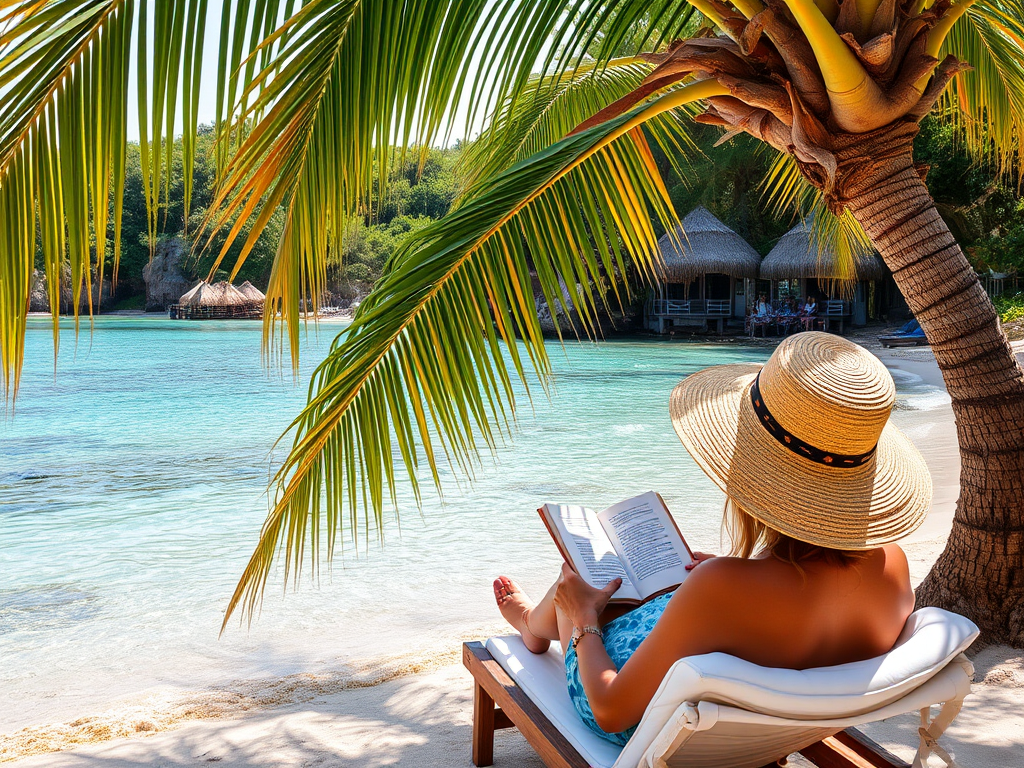 Secluded beach cove, crystal-clear water lapping at the shore, a woman in a straw hat lounging in the shade of a palm tree, a book open in her lap.