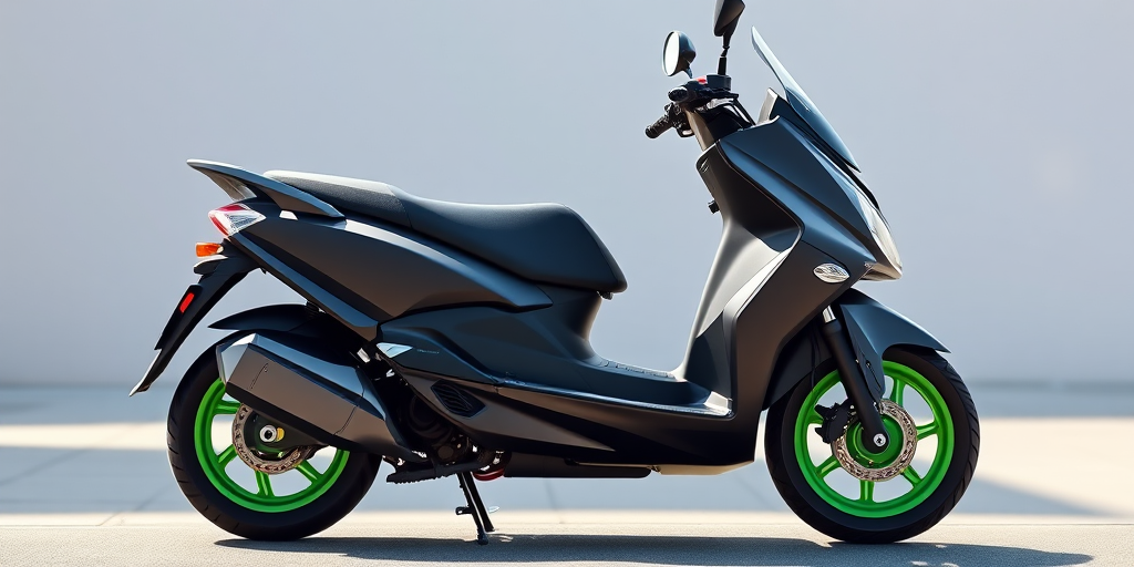 Create a high-resolution vector illustration of a modern scooter with green wheels, focusing on sleek lines and detailed features, captured with a DSLR camera at f/2.8, ISO 100, 35mm lens, in a side view with soft natural lighting to enhance the overall quality.