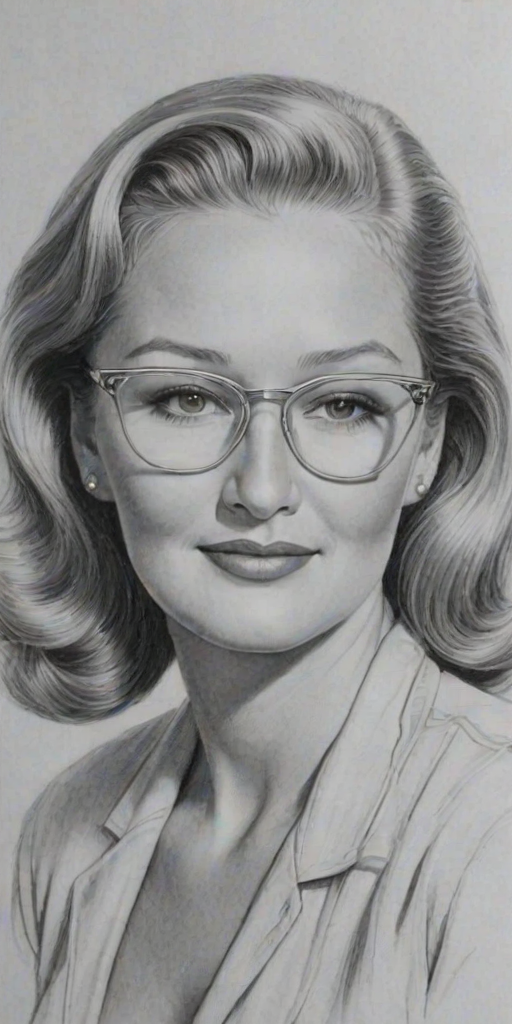 Dazzling Diane Ladd, pencil sketch, portrait of Lovely woman 1936s in glasses, hair style beatnik, outline, clear lines, fine lines, 8k