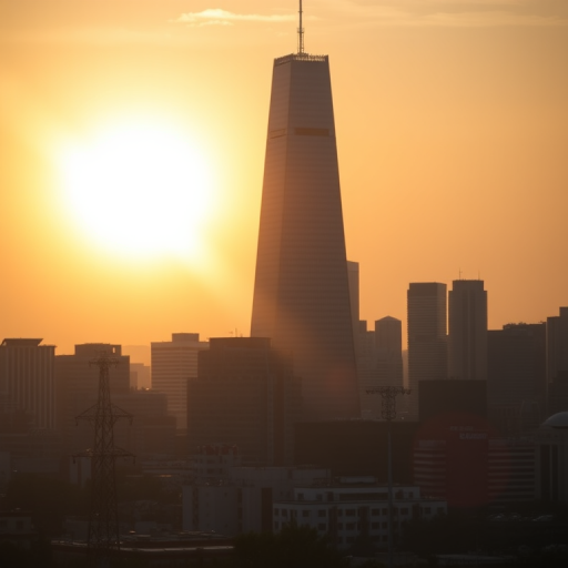 capture a sunrise over a city skyline featuring a tall skyscraper with reflections, using a Canon EOS R5, 35mm lens, f/8 aperture, ISO 100, shooting at golden hour with a wide-angle view for enhanced depth and clarity