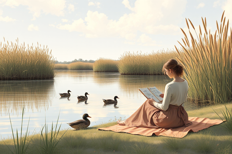 Serene riverside with tall reeds, a woman in a long skirt sits on a blanket, sketching the tranquil scene while ducks swim lazily by.