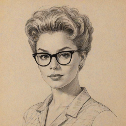 Pleasing Emmy Raver-Lampman, pencil sketch, portrait of Wonderful woman 1957s in glasses, hair style beatnik, outline, clear lines, fine lines, 8k