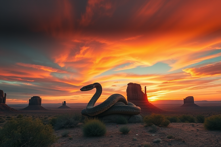 create a dramatic landscape featuring a giant snake coiled around a rock formation under a vibrant sunset, captured with a DSLR camera at f/5.6, ISO 100, 24mm focal length, using a wide-angle lens, with a slightly lower angle to emphasize the size of the snake and create depth in the foreground.