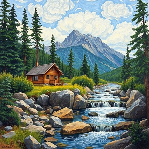 This Van Gogh-inspired painting depicts a peaceful scene of a small cabin located near a flowing river. The scene is surrounded by lush vegetation, including tall trees and rocky terrain. In the background, majestic mountains rise under a sky filled with rolling clouds. The river gently cascades over the rocks, adding a sense of movement and tranquility to the scene. The use of vibrant colors and detailed brushstrokes create a sense of depth and harmony in the natural setting.