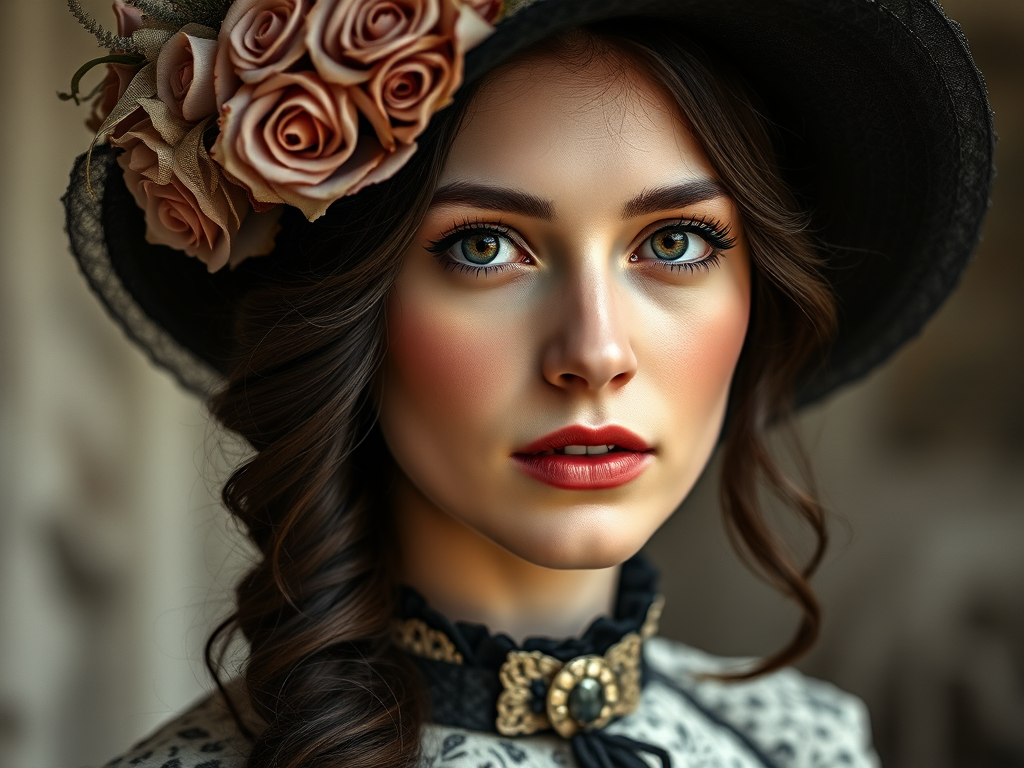 Create a highly detailed portrait of a young woman from the Victorian era, wearing an elegant hat adorned with roses, captured in soft natural light, using a 50mm lens, f/1.8 aperture, ISO 100, at a resolution of 300 DPI, in a high-quality digital format with a vintage black and white aesthetic.