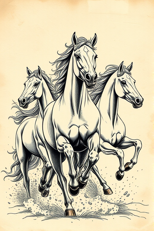 Create a highly detailed artistic illustration of three horses in motion with intricate line work and a vintage paper background, using a DSLR camera with a 50mm lens, aperture set to f/1.8, shutter speed 1/200s, ISO 100, shot from a low angle to emphasize the horses' strength and grace.
