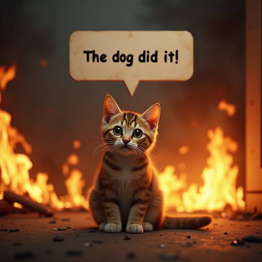 Photorealistic image of an innocent-looking cat sitting calmly in the middle of a burning room. Flames engulf the room, with fire licking up the walls and smoke filling the air. The cat is sitting on the floor, looking directly at the viewer with wide, innocent eyes. Above the cat, a speech bubble says "The dog did it". The contrast between the cat's calm demeanor and the chaos around it creates a humorous and surreal scene.