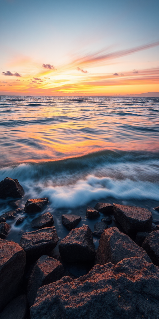 Capture a serene seascape at sunset with gentle waves lapping against rocky shore, long exposure effect to create smooth water texture, using a DSLR camera with a 24mm lens, aperture set to f/11, ISO 100, shutter speed 30 seconds, in landscape orientation, with soft lighting and vivid colors in the sky.