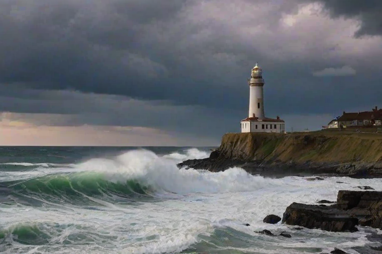 Picturesque old lighthouse standing tall against a dramatic sky, waves crashing against the rocks below, and a solitary figure walking along the shore, evoking a sense of adventure.