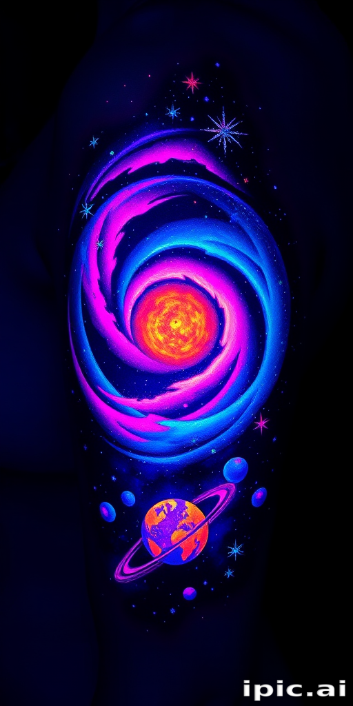 Cosmic galaxy tattoo featuring swirling nebulas, twinkling stars, and vibrant planetary bodies, utilizing UV-reactive ink for a mesmerizing glow-in-the-dark effect under blacklight