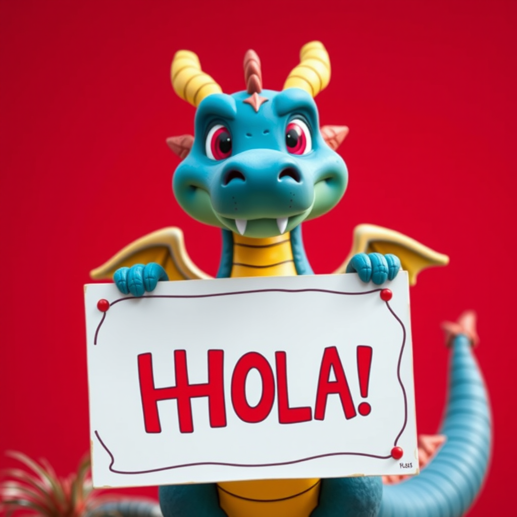Create a vibrant cartoon dragon holding a sign that says "HOLA!" with a bright red background, use a Canon EOS R5 camera, 50mm lens, aperture f/1.8, ISO 100, shot in natural light for enhanced image quality.