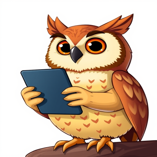 create a cartoon-style image of an owl holding a tablet, bright colors, sharp details, ISO 100, f/4, 1/250s, 35mm lens, front view, digital illustration