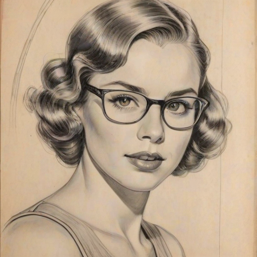 Radiant Christa B. Allen, pencil sketch, portrait of Alluring woman 1937s in glasses, hair style beatnik, outline, clear lines, fine lines, 8k
