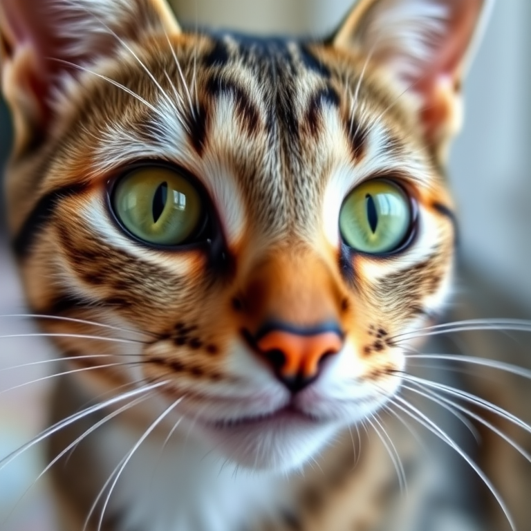 High-resolution close-up photograph of a tabby cat with vivid green eyes and a playful expression, f/2.8, 1/250s, ISO 100, macro lens, natural lighting, DSLR camera.