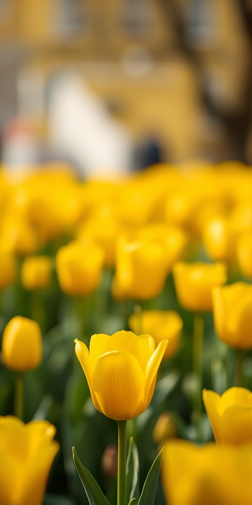 regenerate an image of a field of yellow tulips in full bloom shot with a Canon EOS 5D Mark IV, 50mm lens, f/2.8 aperture, ISO 100, natural lighting, shallow depth of field, focus on the foreground flowers, capturing soft bokeh in the background