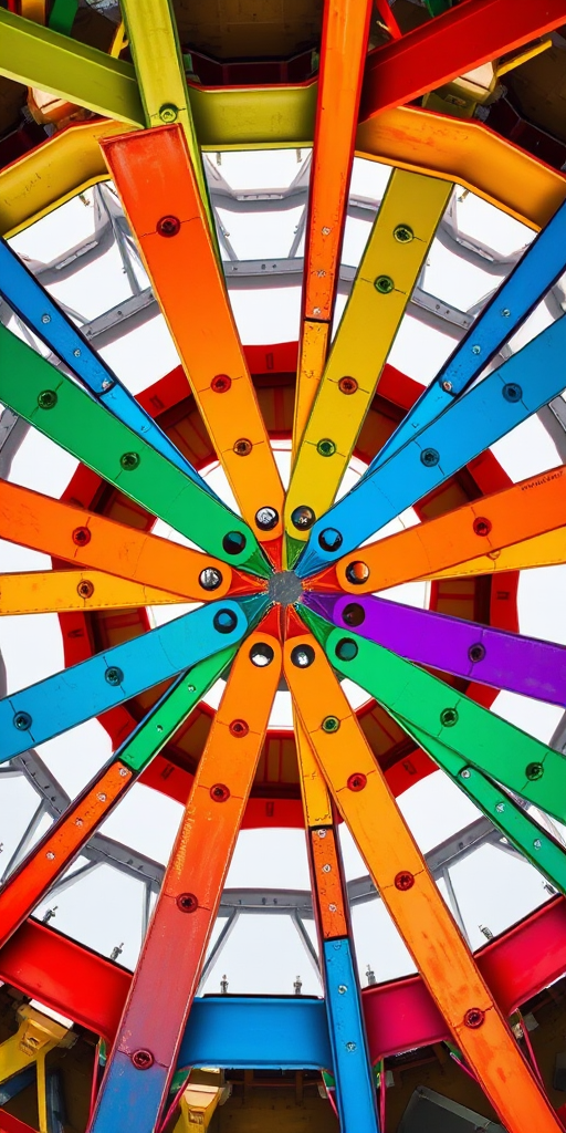 Create a vibrant circular pattern made of interlocking colorful metal beams, captured with a DSLR camera at f/8, 1/250s, ISO 200, with an overhead view and a wide-angle lens for depth and clarity.