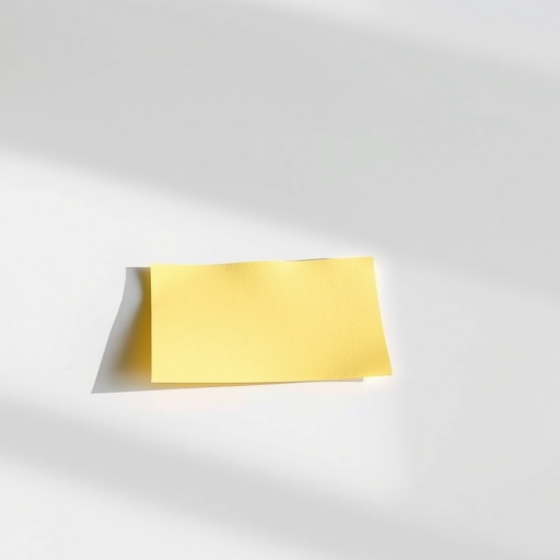 Create a minimalistic image of a blank yellow note on a flat surface with soft shadows, taken with a DSLR camera, f-stop at 2.8 for shallow depth of field, ISO 100 for clarity, and a focal length of 50mm to enhance detail and brightness.