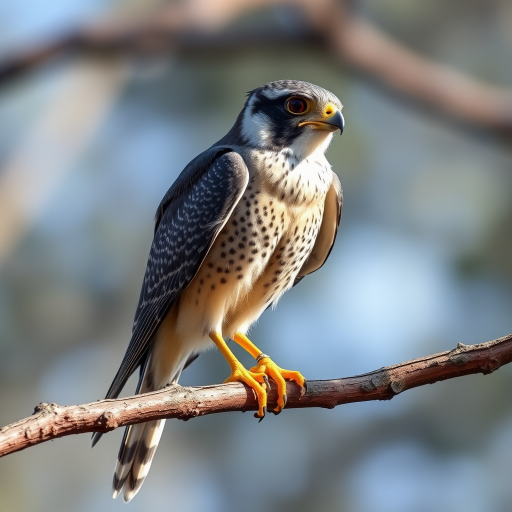 Generate a detailed illustration of a peregrine falcon perched on a branch, using a DSLR camera with a 200mm lens at f/2.8, ISO 100, in natural daylight with soft shadows and a shallow depth of field to emphasize the bird's features and texture.