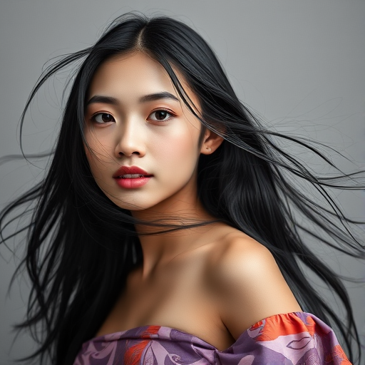 Photographic image of a beautiful young Hmong woman, brown eyes, lips with white lipstick, long hair fluttering in the wind and wearing a silk strapless dress with a soft purple and orange print. monochrome image with only color highlights in the iris of the eyes, lipstick and dress. Gray background.