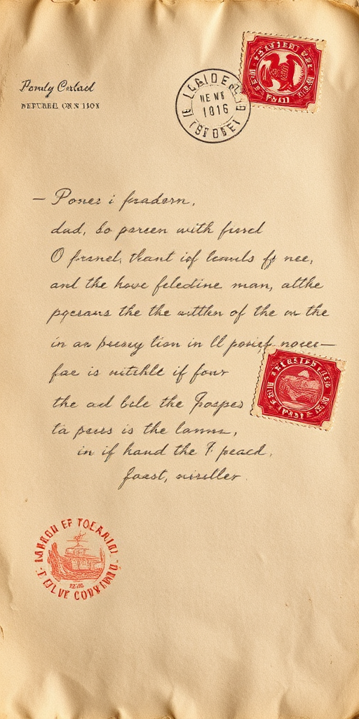Create an aged parchment background with faded handwriting and postal stamps, shot with a DSLR camera, 50mm lens, f/1.8 aperture, ISO 100, natural light, top-down view, high resolution.