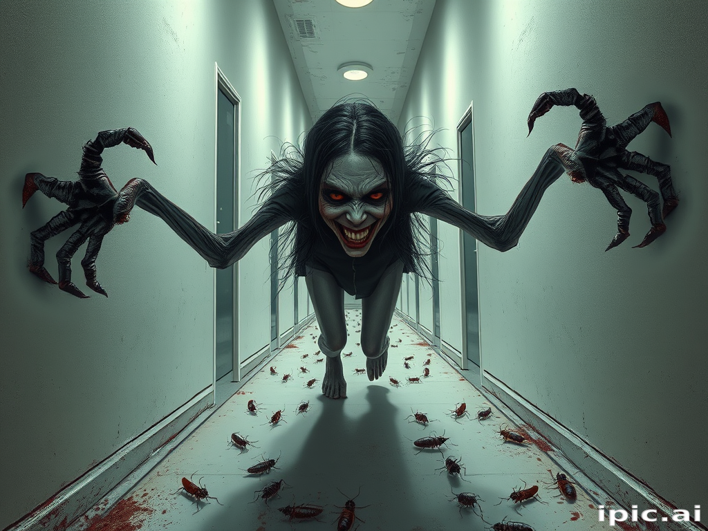 a crooked woman with long arms and a creepy smile is crawling along a long white corridor and you can also see cockroaches in it there is a creepy atmosphere creepy art style