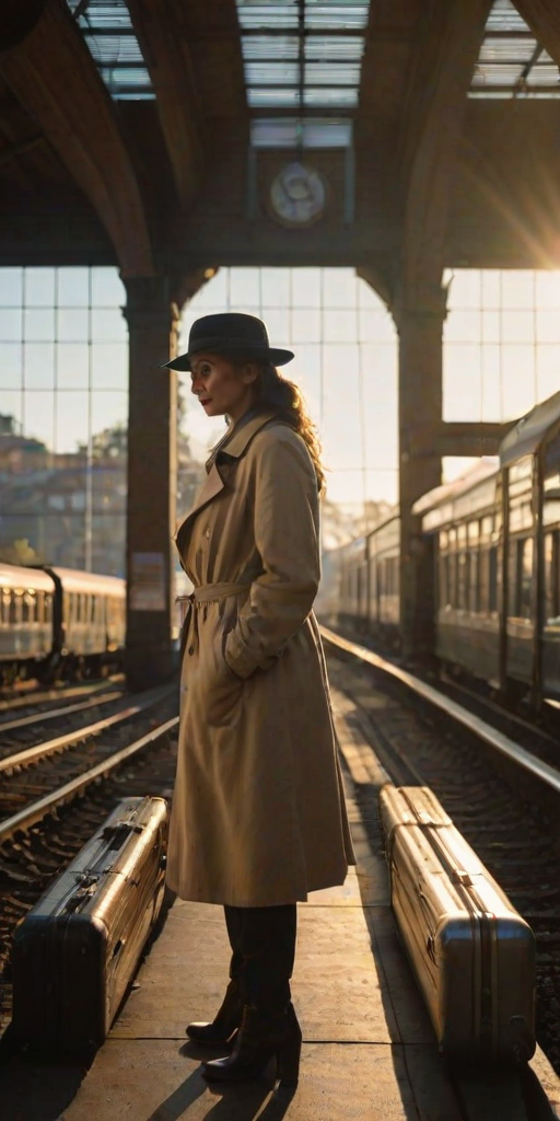 Old train station at sunrise, light filtering through the station's tall windows, a woman in a trench coat stands on the platform, suitcase by her side, waiting for the first train of the day.