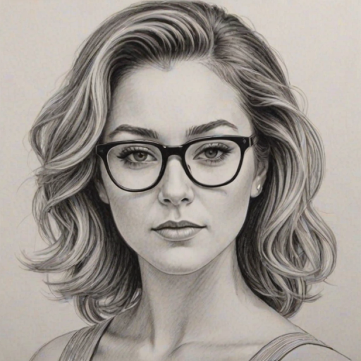Pleasing Alexa Vega, pencil sketch, portrait of Attractive woman 1952s in glasses, hair style beatnik, outline, clear lines, fine lines, 8k