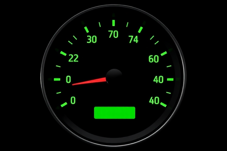 a high-resolution digital illustration of a fuel gauge with a black background, showing the needle pointing towards empty, vibrant green indicators, clean lines and minimalistic design, taken with a DSLR camera at f/8 aperture, ISO 100, 50mm lens, top-down view, high contrast lighting