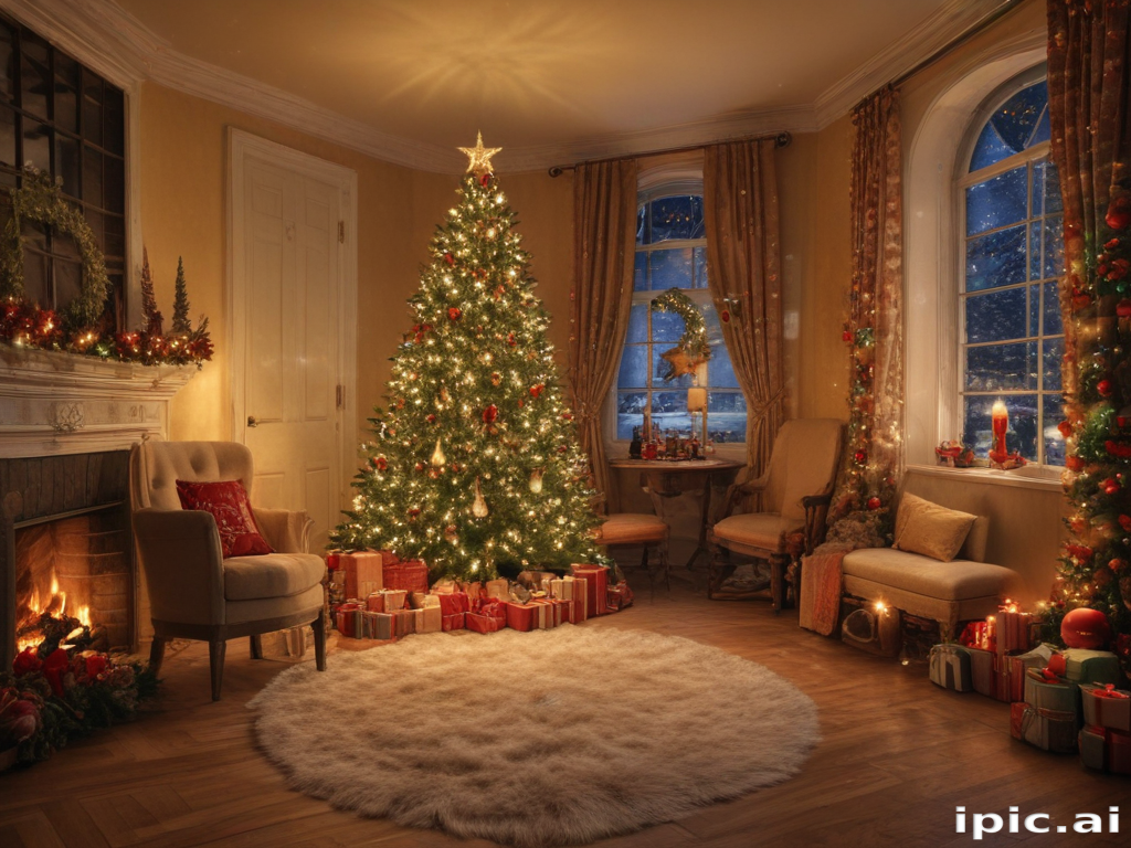 A Cozy Christmas Living Room with a Beautifully Decorated Tree and Gifts.