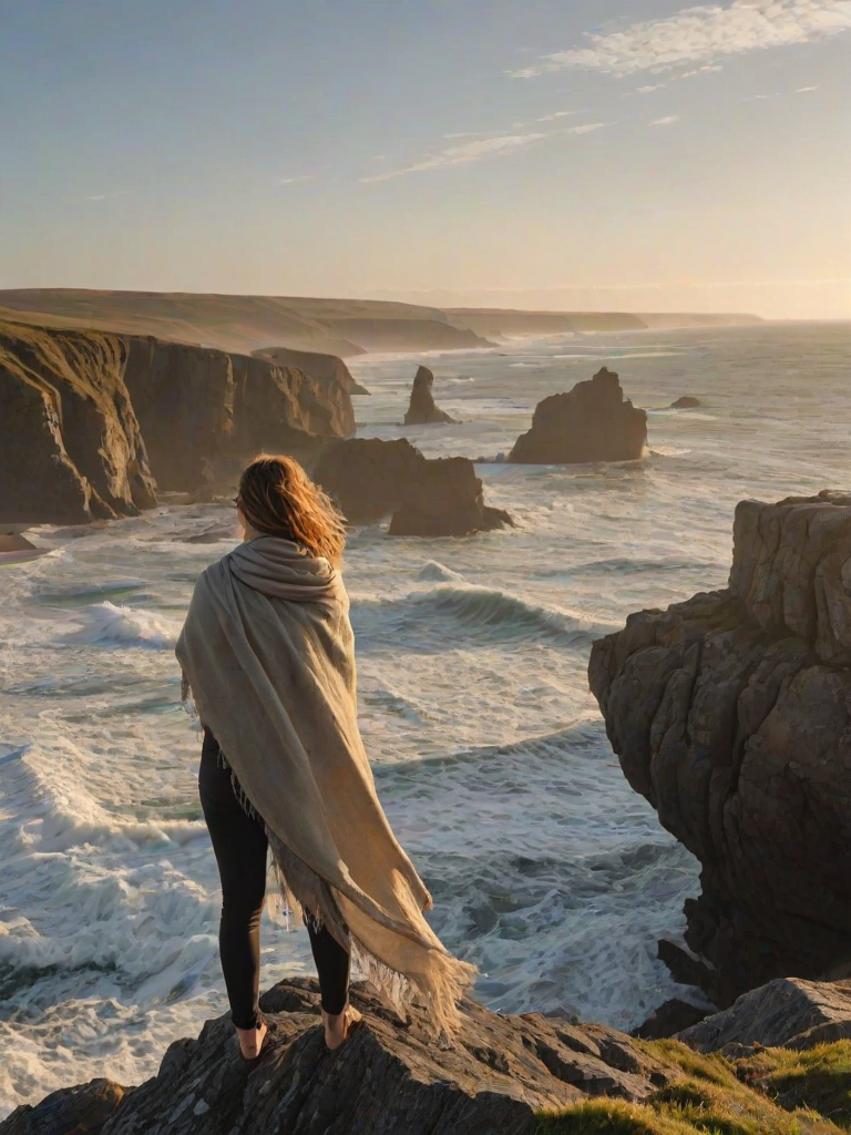 Sunrise over a rugged coastline, waves crashing against jagged rocks, a woman stands on the cliff's edge, her flowing scarf fluttering in the wind as she looks out to sea.