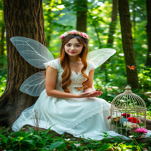 Create an enchanting scene featuring a young woman dressed as a fairy. She is sitting against a tree in a lush forest, wearing a delicate white dress with lace details. Her long hair is adorned with a floral crown, and she has translucent wings. In her hands, she gently holds colorful butterflies. Nearby, there is a small birdcage decorated with flowers. The atmosphere is serene and magical, with soft sunlight filtering through the trees.
