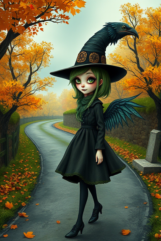digital art fantasy depicting a strange girl with green hair, long eyelashes, green lipstick and a tall hat walking along a winding road on an autumn afternoon, an Umbrellabird smiles as she passes