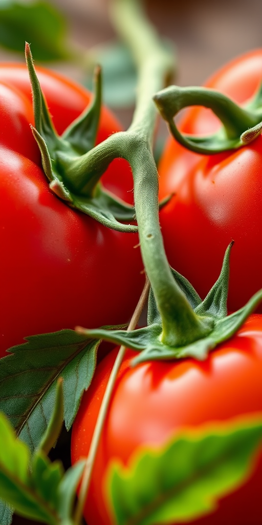 Create a vibrant illustration of two ripe red tomatoes with green leaves, shot with a Canon EOS 5D Mark IV, 50mm lens, f/2.8 aperture, 1/125 sec shutter speed, using a macro view for enhanced detail and clarity.