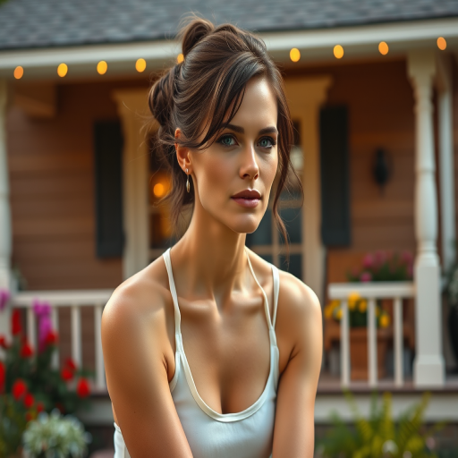 A photo of Nicole Kidman with a background of a cozy porch. She has dark hair pulled back in an updo, with tendrils framing her face. She wears a white tank top and sits on the porch. The porch is part of a well-lit home with a warm, earthy tone and colorful flowers and foliage. The overall scene has a warm, welcoming, and comfortable ambiance.