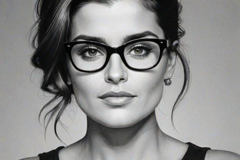 Lovely Nelly Furtado, pencil sketch, portrait of Stunning woman 1965s in glasses, hair style beatnik, outline, clear lines, fine lines, 8k
